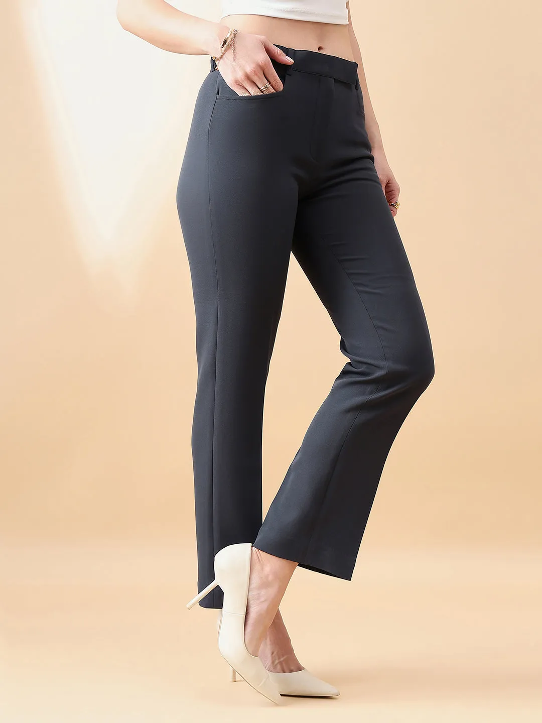 Dark Grey Polyester & Viscose Blend Comfort Fit Stretch Pant
