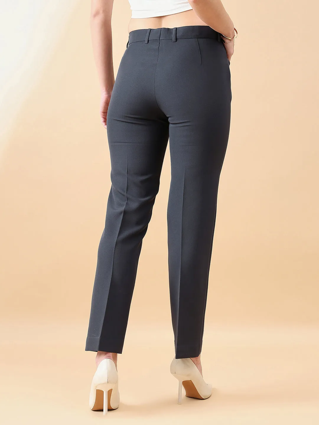 Dark Grey Polyester & Viscose Blend Comfort Fit Stretch Pant