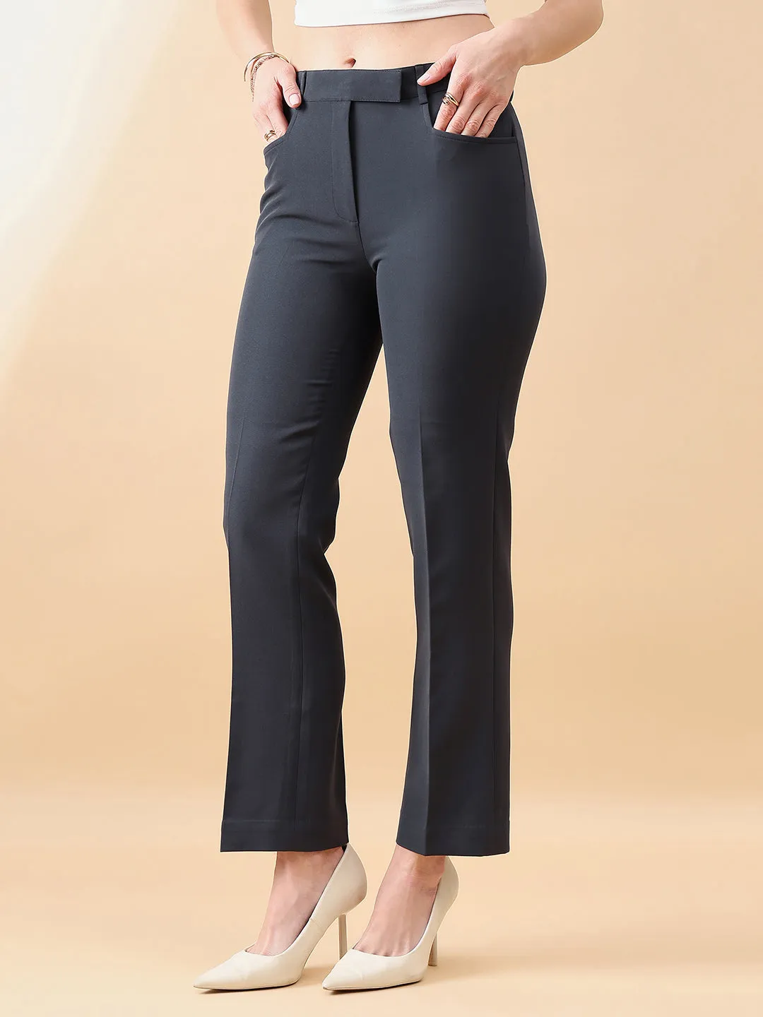 Dark Grey Polyester & Viscose Blend Comfort Fit Stretch Pant