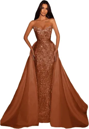 Detachable Train Sequin Prom Dresses for Women Mermaid Sparkly Tulle Open Back Formal Evening Long Ball Gown