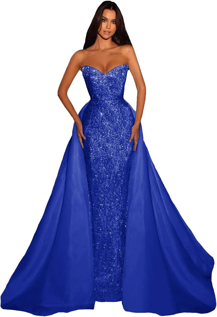 Detachable Train Sequin Prom Dresses for Women Mermaid Sparkly Tulle Open Back Formal Evening Long Ball Gown