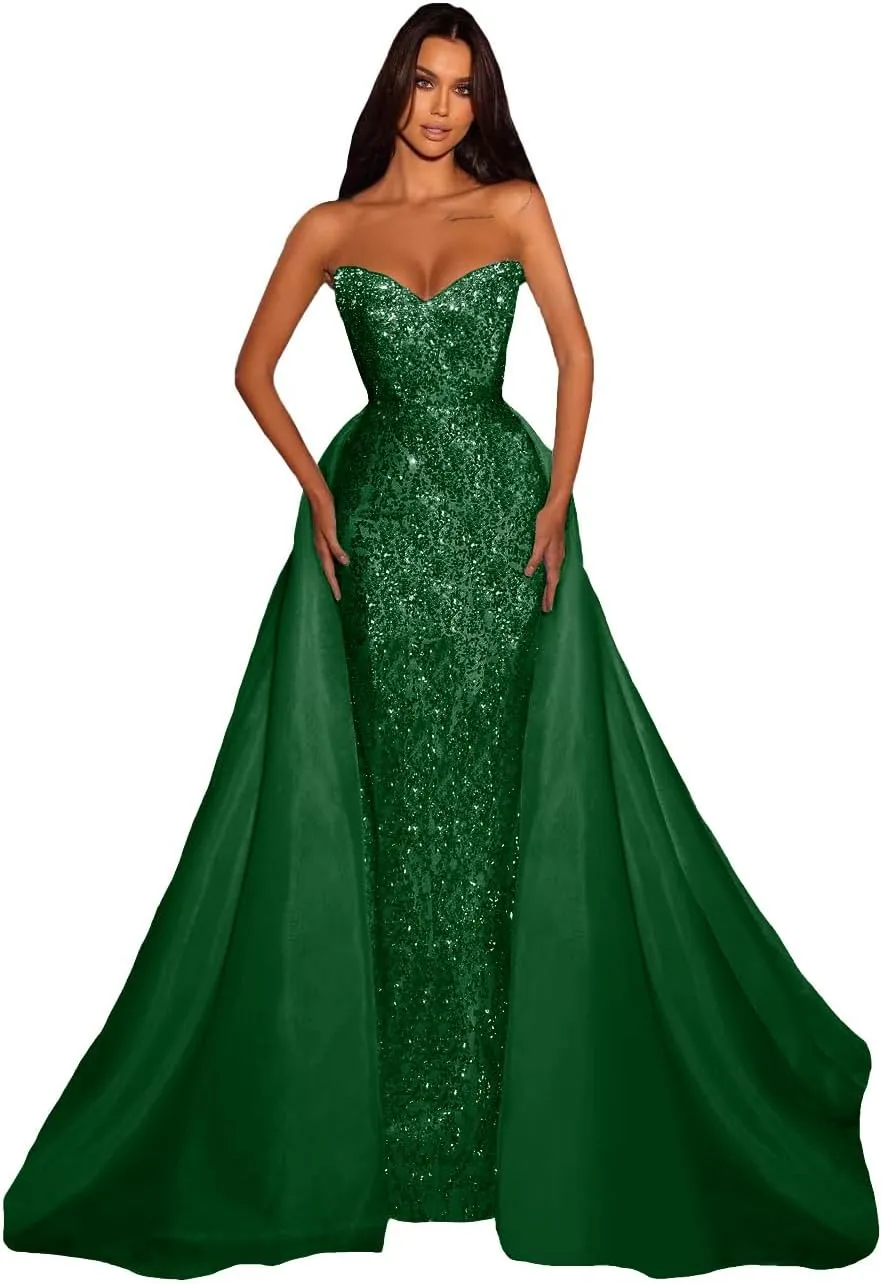 Detachable Train Sequin Prom Dresses for Women Mermaid Sparkly Tulle Open Back Formal Evening Long Ball Gown