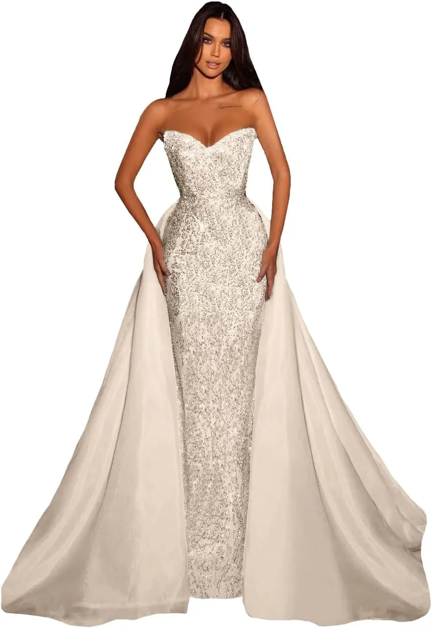 Detachable Train Sequin Prom Dresses for Women Mermaid Sparkly Tulle Open Back Formal Evening Long Ball Gown