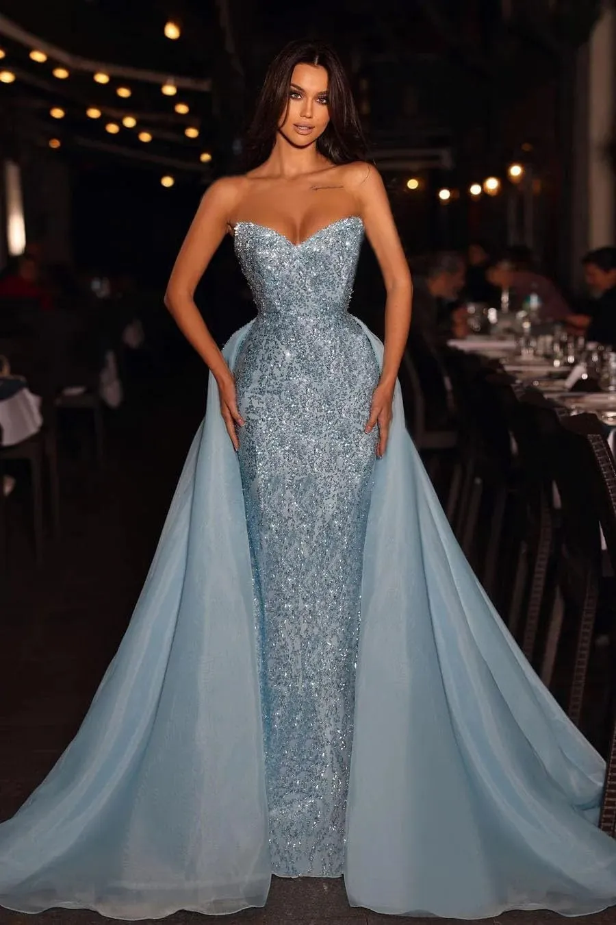 Detachable Train Sequin Prom Dresses for Women Mermaid Sparkly Tulle Open Back Formal Evening Long Ball Gown