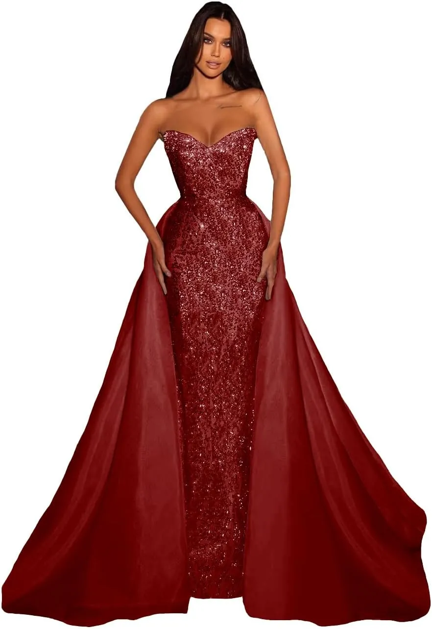 Detachable Train Sequin Prom Dresses for Women Mermaid Sparkly Tulle Open Back Formal Evening Long Ball Gown