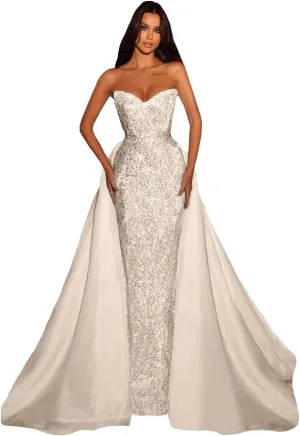 Detachable Train Sequin Prom Dresses for Women Mermaid Sparkly Tulle Open Back Formal Evening Long Ball Gown