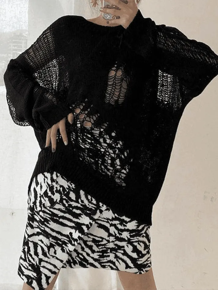 Distressed Crochet Knit Sweater