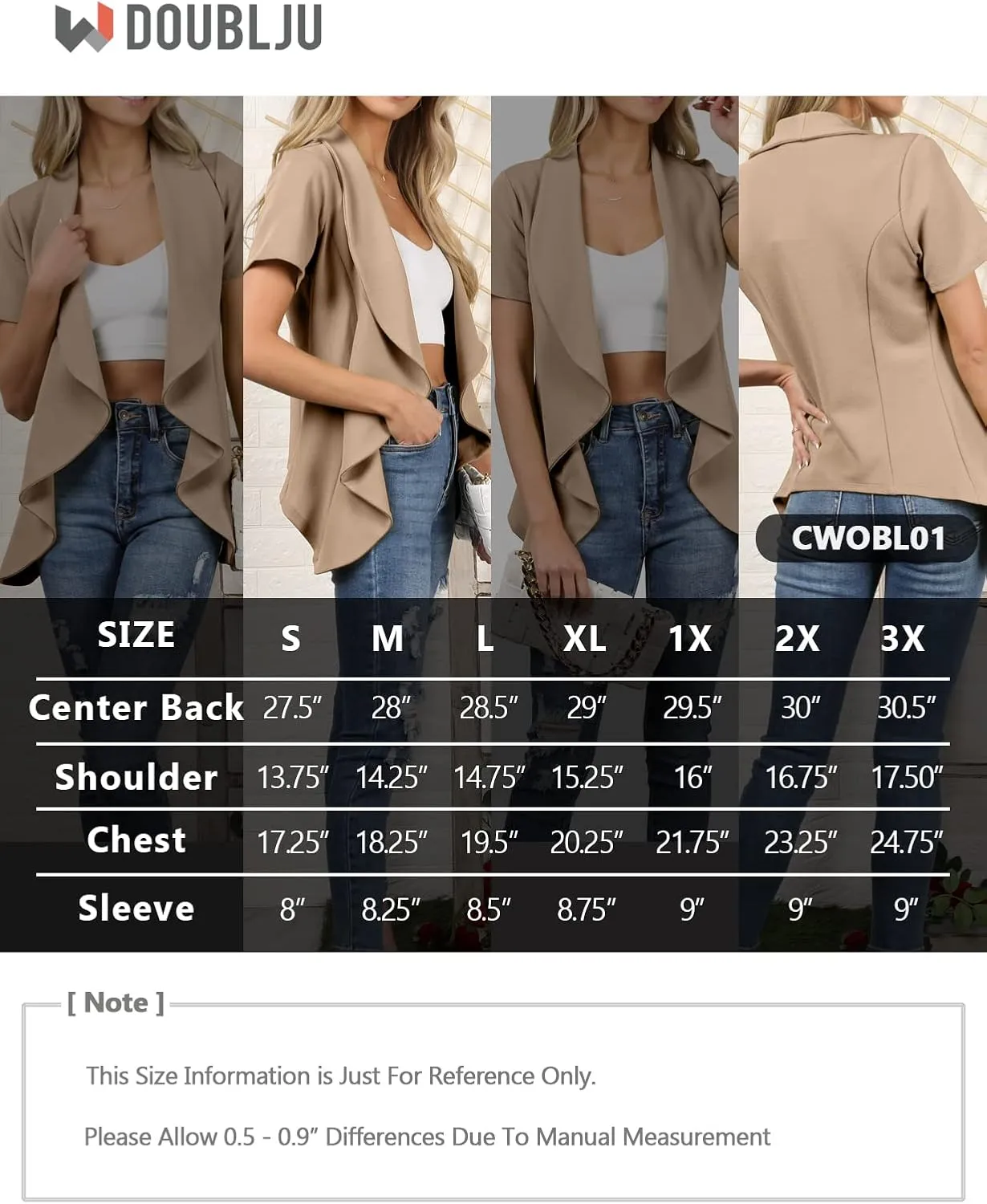 DOUBLJU Casual Draped Ruffles Blazer Short Sleeve Basic Open Front Cardigan Jacket for Womens with Plus Size Work Office Suit
