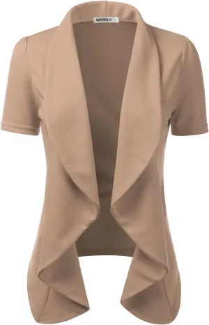 DOUBLJU Casual Draped Ruffles Blazer Short Sleeve Basic Open Front Cardigan Jacket for Womens with Plus Size Work Office Suit