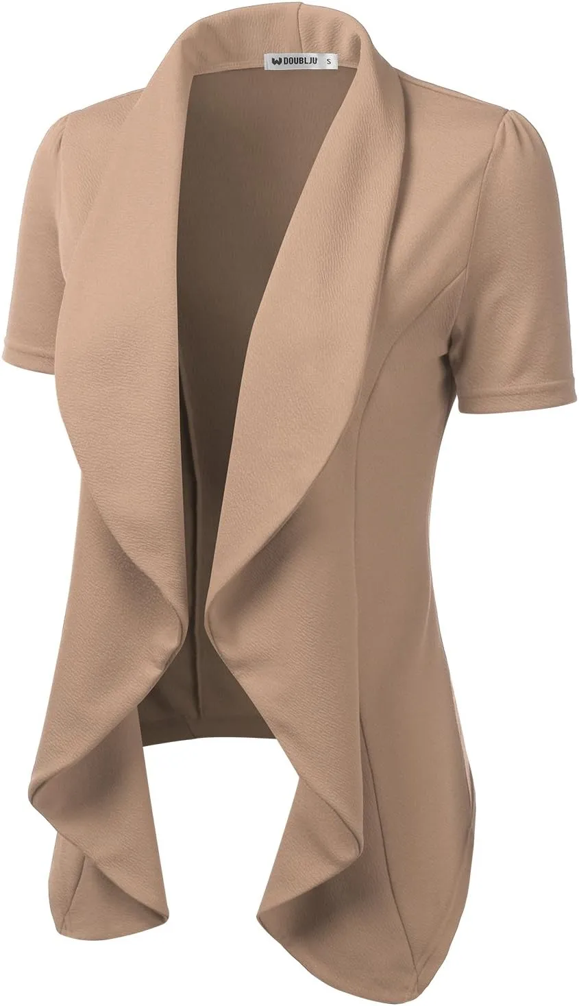 DOUBLJU Casual Draped Ruffles Blazer Short Sleeve Basic Open Front Cardigan Jacket for Womens with Plus Size Work Office Suit