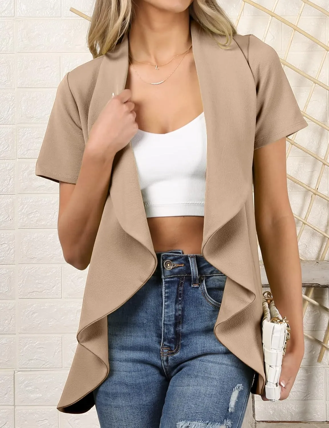 DOUBLJU Casual Draped Ruffles Blazer Short Sleeve Basic Open Front Cardigan Jacket for Womens with Plus Size Work Office Suit