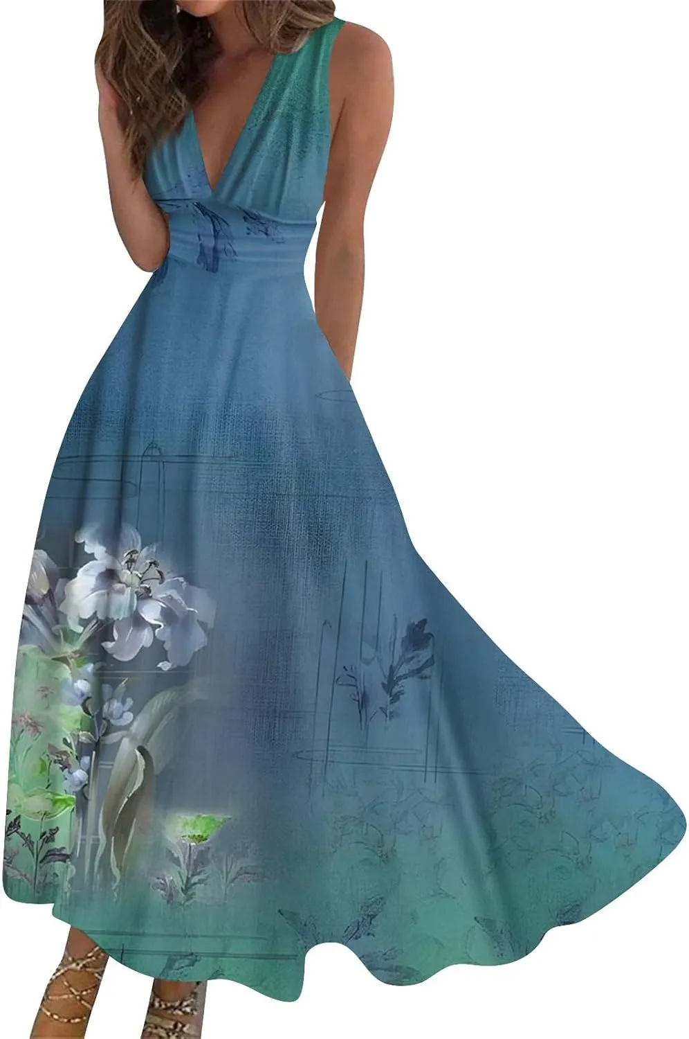 Dresses for Women 2025 Elegant Floral Print Long Dresses Sleeveless Wrap V Neck Beach Dress Flowy Swing Sundresses