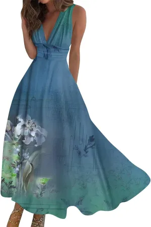 Dresses for Women 2025 Elegant Floral Print Long Dresses Sleeveless Wrap V Neck Beach Dress Flowy Swing Sundresses