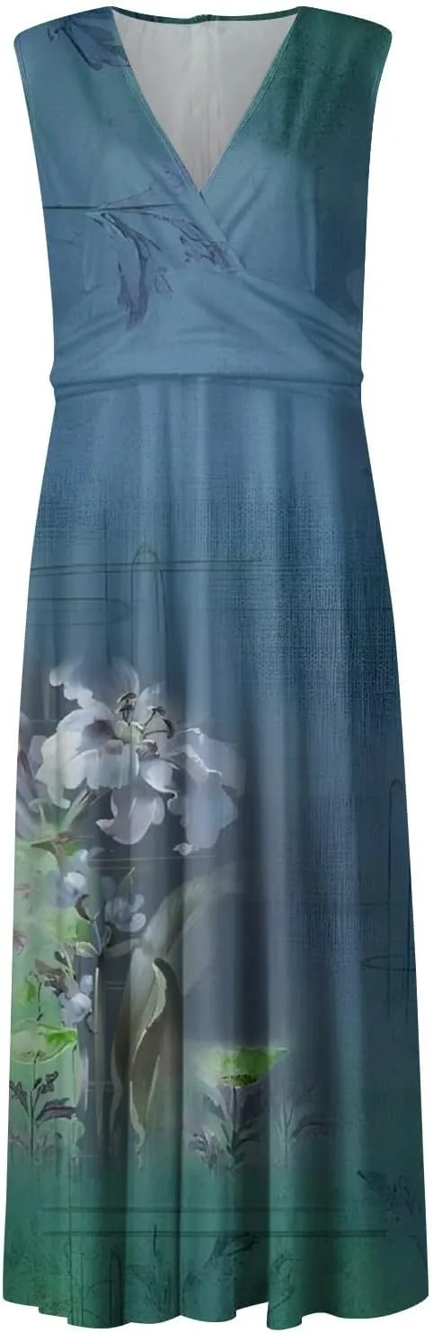 Dresses for Women 2025 Elegant Floral Print Long Dresses Sleeveless Wrap V Neck Beach Dress Flowy Swing Sundresses