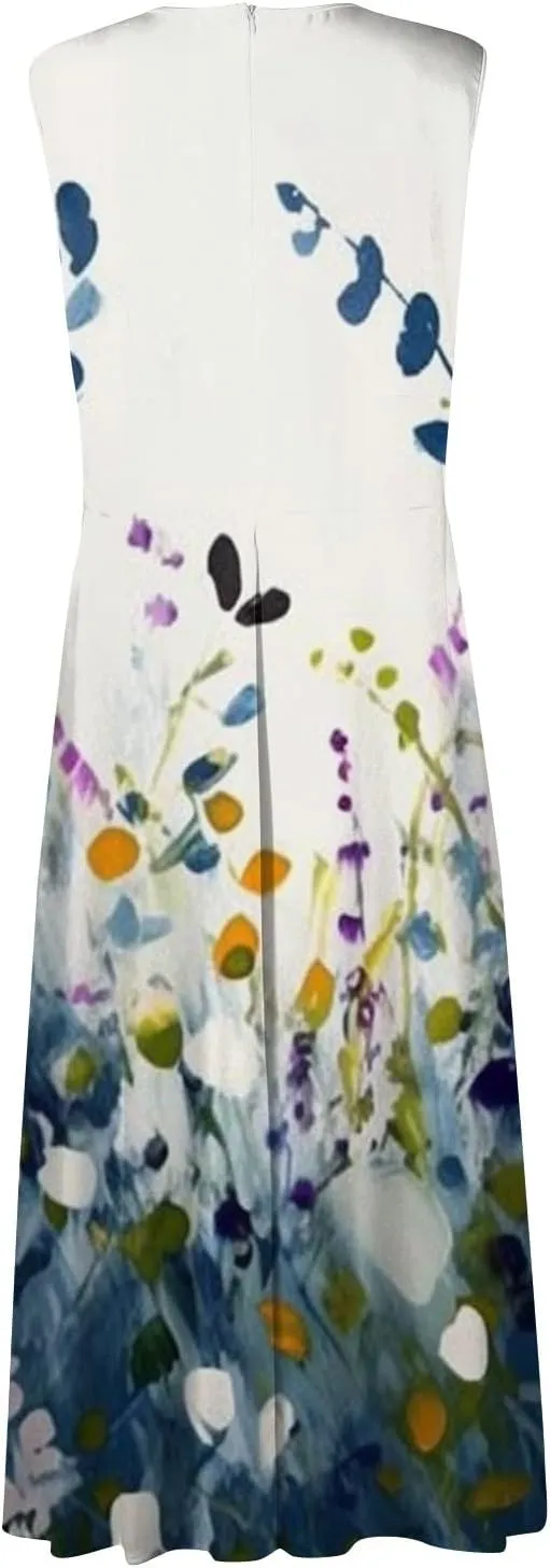 Dresses for Women 2025 Sleeveless Wrap V Neck Beach Dress Flowy Ruched Floral Print Sundress Trendy Maxi Dress