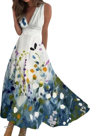 Dresses for Women 2025 Sleeveless Wrap V Neck Beach Dress Flowy Ruched Floral Print Sundress Trendy Maxi Dress