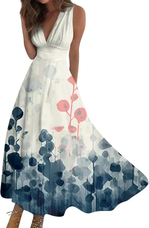 Dresses for Women 2025 Sleeveless Wrap V Neck Beach Dress Flowy Ruched Floral Print Sundress Trendy Maxi Dress