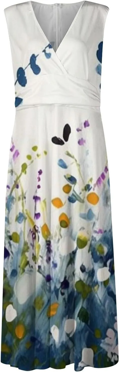 Dresses for Women 2025 Sleeveless Wrap V Neck Beach Dress Flowy Ruched Floral Print Sundress Trendy Maxi Dress