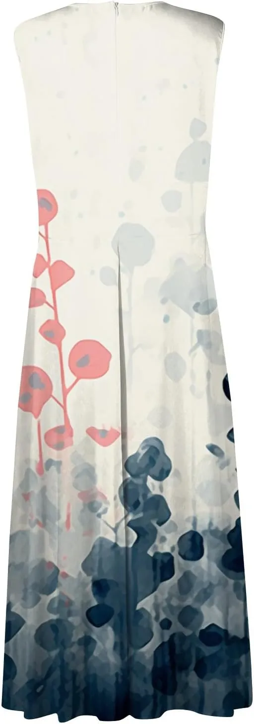 Dresses for Women 2025 Sleeveless Wrap V Neck Beach Dress Flowy Ruched Floral Print Sundress Trendy Maxi Dress