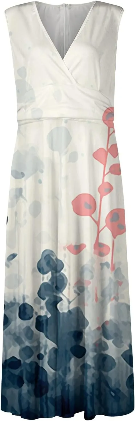 Dresses for Women 2025 Sleeveless Wrap V Neck Beach Dress Flowy Ruched Floral Print Sundress Trendy Maxi Dress