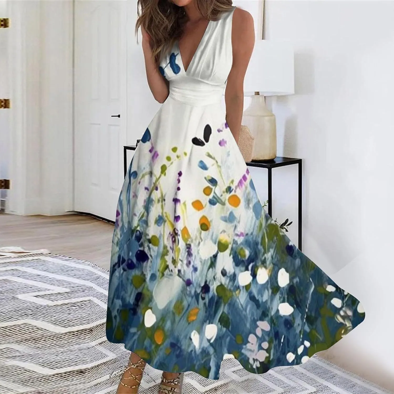 Dresses for Women 2025 Sleeveless Wrap V Neck Beach Dress Flowy Ruched Floral Print Sundress Trendy Maxi Dress
