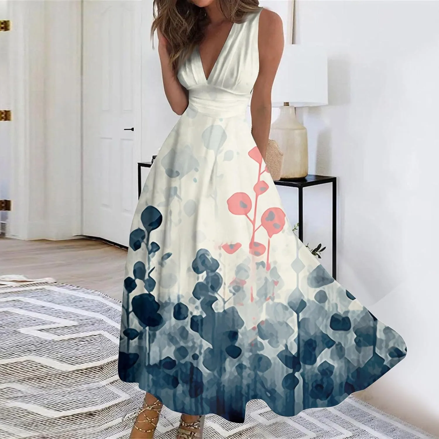 Dresses for Women 2025 Sleeveless Wrap V Neck Beach Dress Flowy Ruched Floral Print Sundress Trendy Maxi Dress