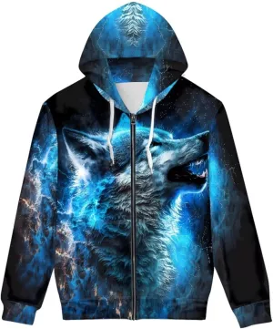 ENLACHIC Men's Novelty Cool 3D Galaxy Wolf Print Graphic Hoodies Zip up Hoodie Pullover Sweatshirts