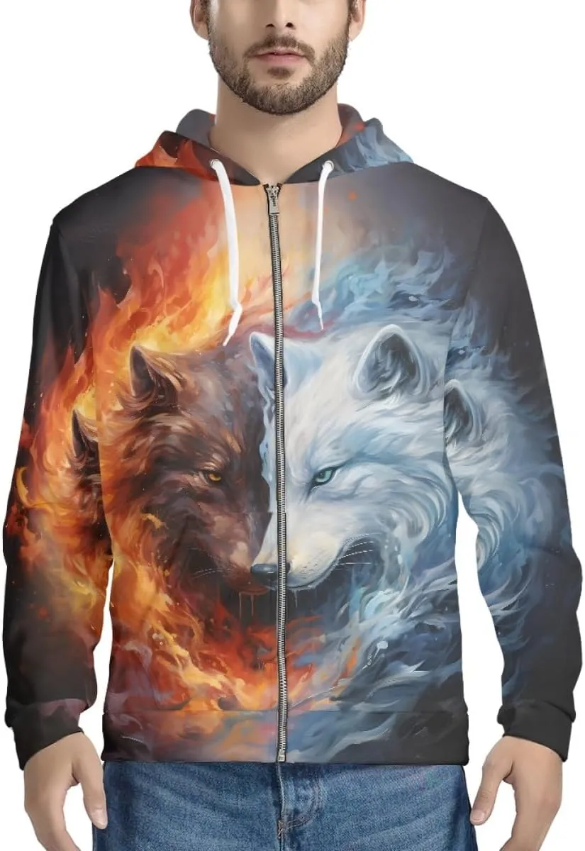 ENLACHIC Men's Novelty Cool 3D Galaxy Wolf Print Graphic Hoodies Zip up Hoodie Pullover Sweatshirts