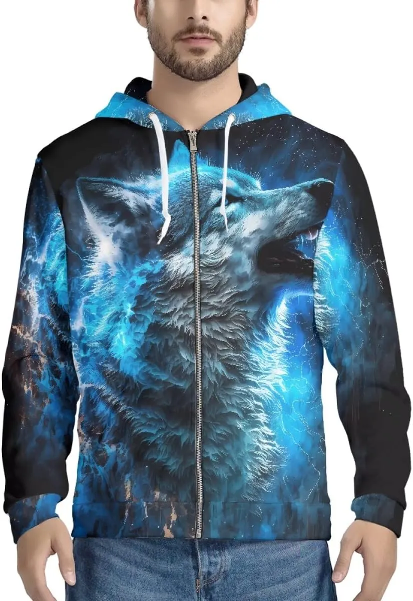ENLACHIC Men's Novelty Cool 3D Galaxy Wolf Print Graphic Hoodies Zip up Hoodie Pullover Sweatshirts