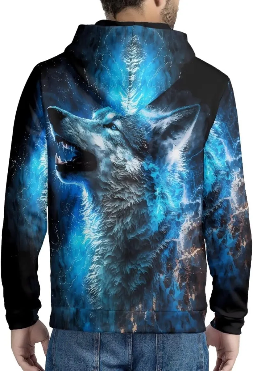 ENLACHIC Men's Novelty Cool 3D Galaxy Wolf Print Graphic Hoodies Zip up Hoodie Pullover Sweatshirts
