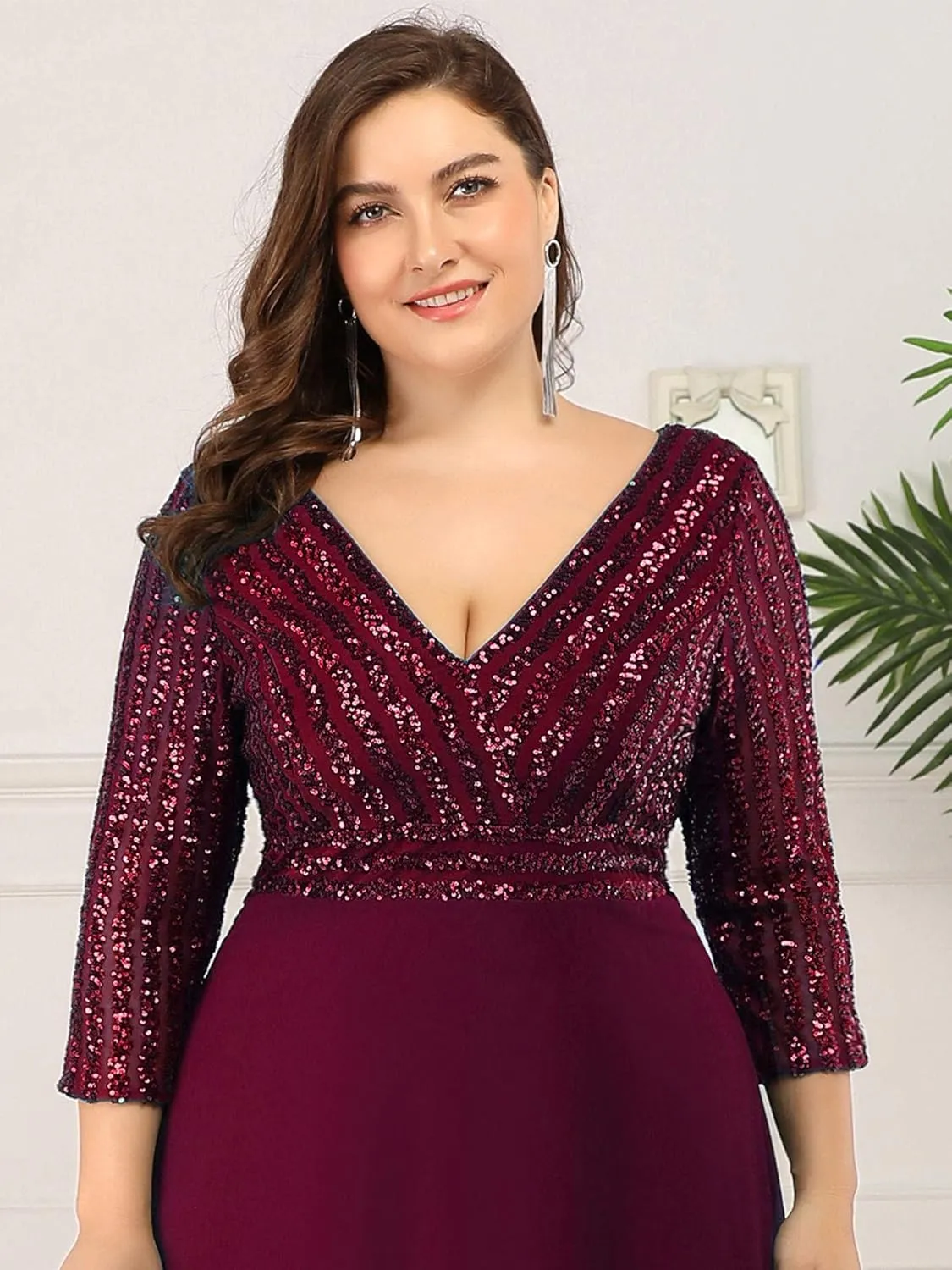 Ever-Pretty Women's Plus Size V-Neck Sparkle Sequins Chiffon 3/4 Sleevess Formal Dresses 0751-PZ