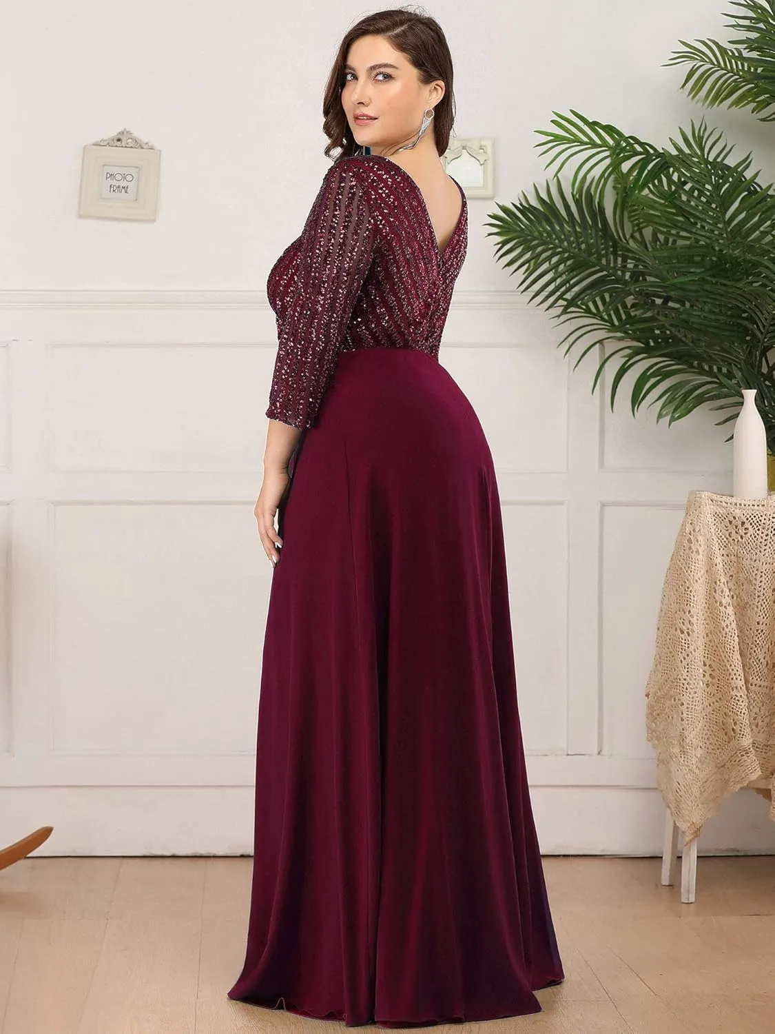 Ever-Pretty Women's Plus Size V-Neck Sparkle Sequins Chiffon 3/4 Sleevess Formal Dresses 0751-PZ