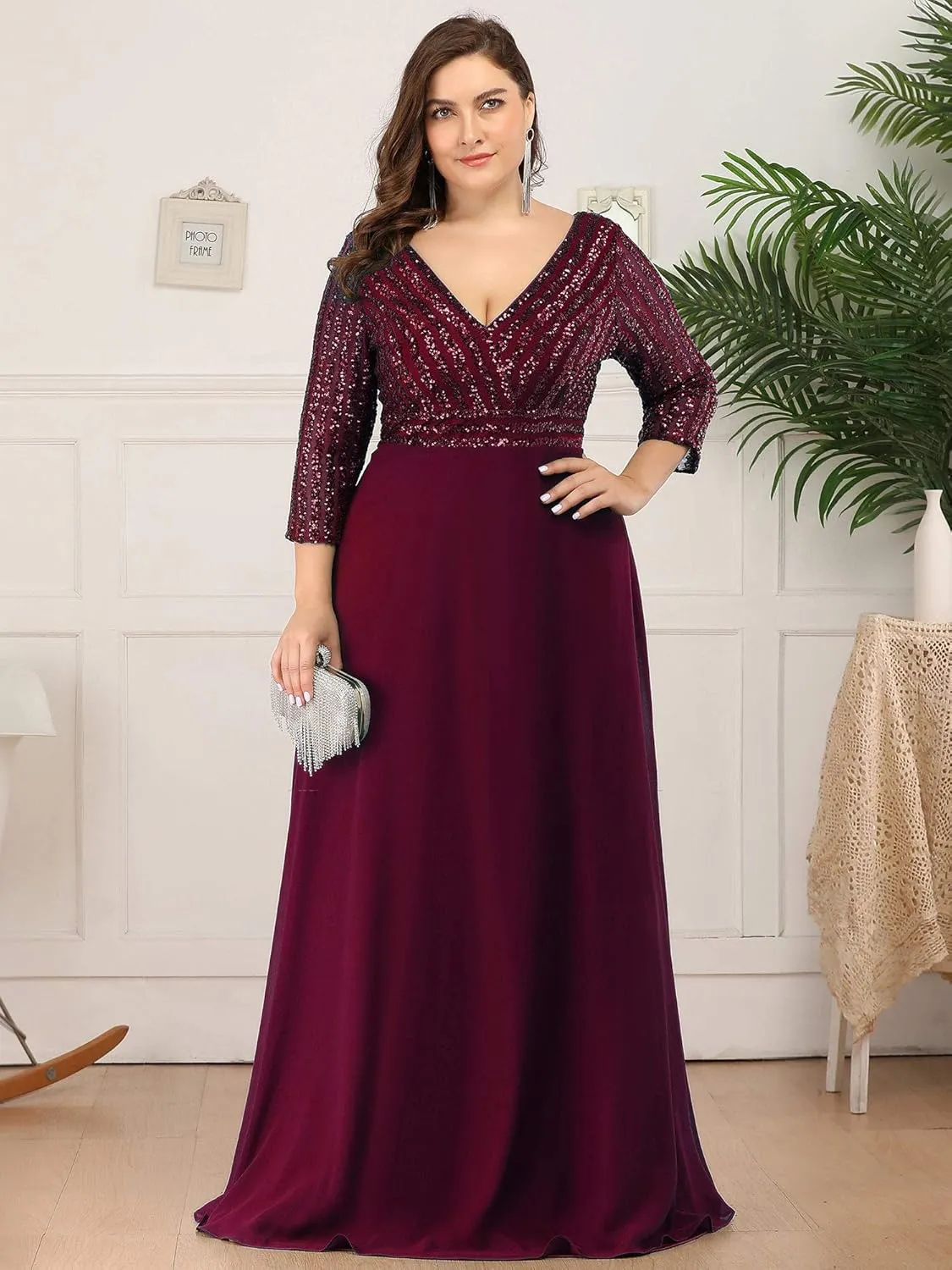 Ever-Pretty Women's Plus Size V-Neck Sparkle Sequins Chiffon 3/4 Sleevess Formal Dresses 0751-PZ
