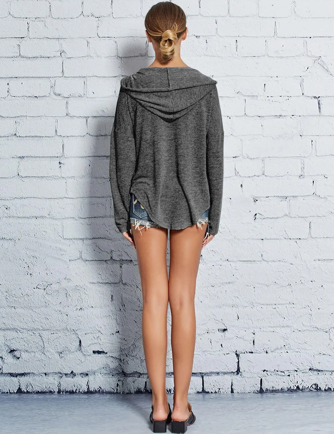 Ezcosplay Women Deep V Neck Solid Pullover Drawstring Loose Sweatshirt Hoodies