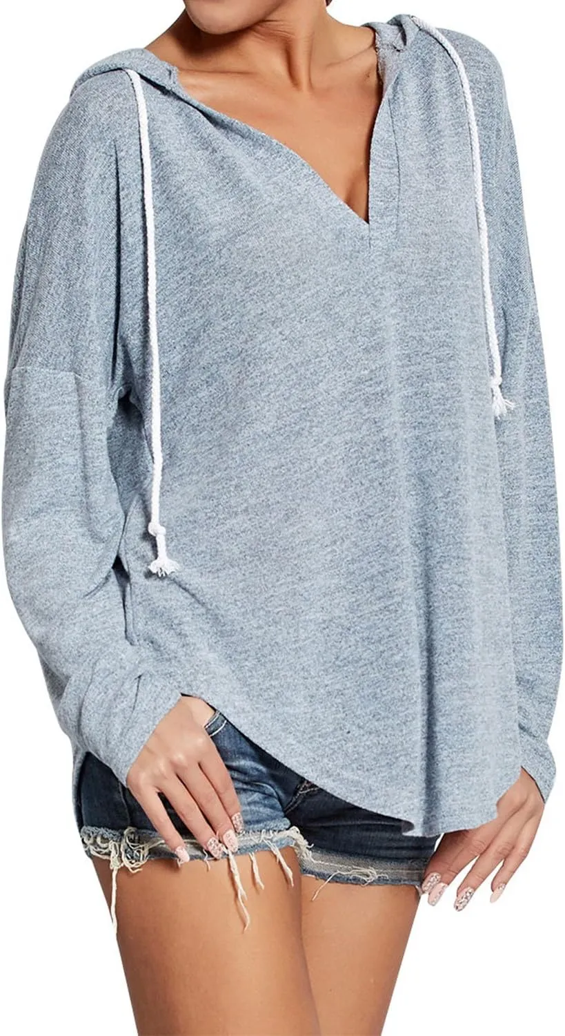 Ezcosplay Women Deep V Neck Solid Pullover Drawstring Loose Sweatshirt Hoodies