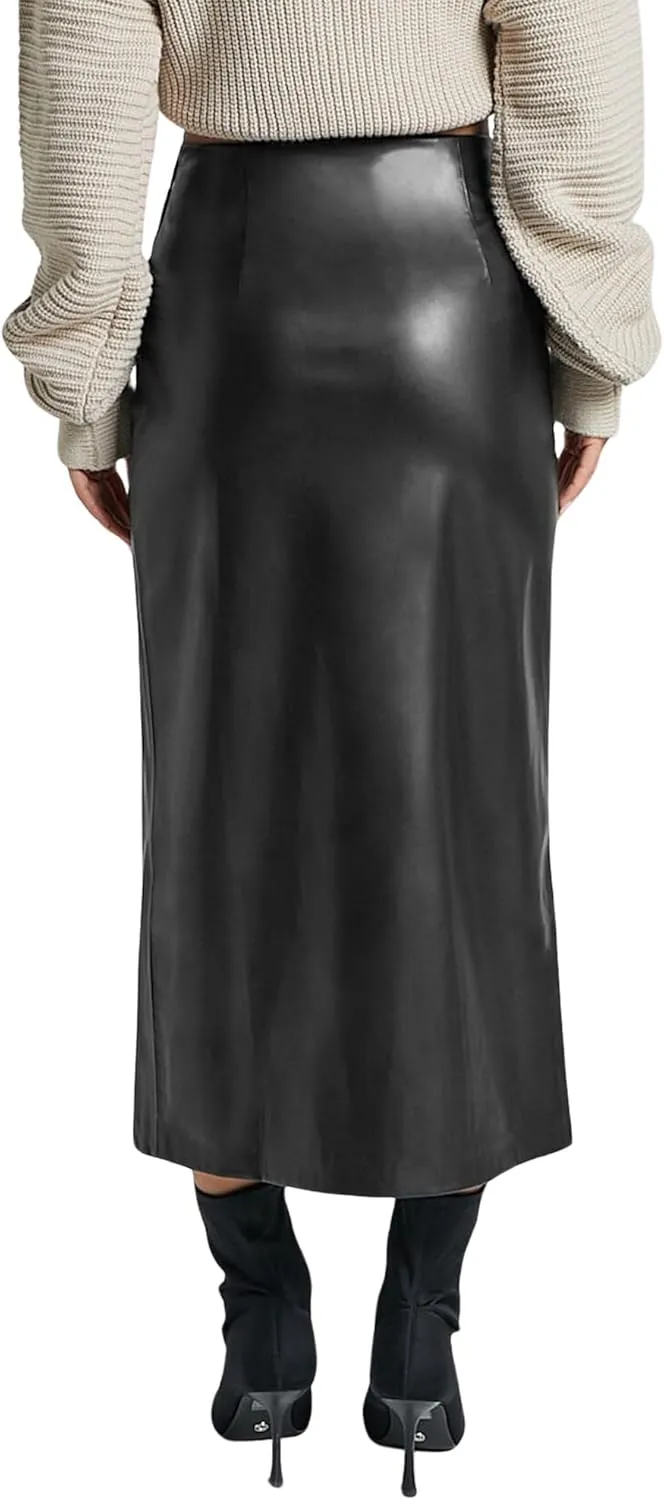 Ezcosplay Women High Waisted Faux Leather Side Slit Skirt PU Leather Bodycon Split Thigh Long Skirt