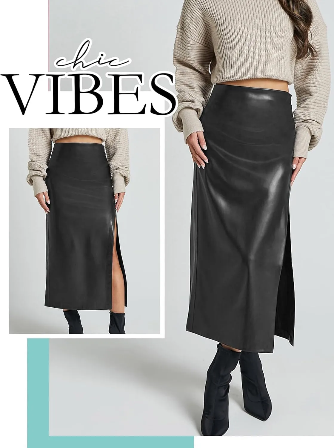 Ezcosplay Women High Waisted Faux Leather Side Slit Skirt PU Leather Bodycon Split Thigh Long Skirt