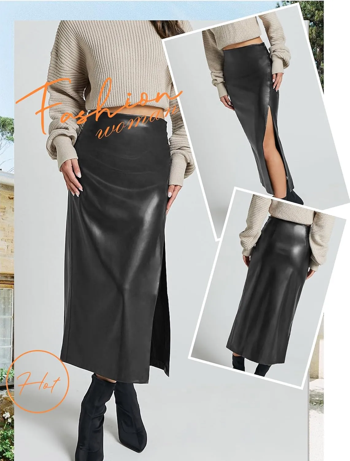 Ezcosplay Women High Waisted Faux Leather Side Slit Skirt PU Leather Bodycon Split Thigh Long Skirt