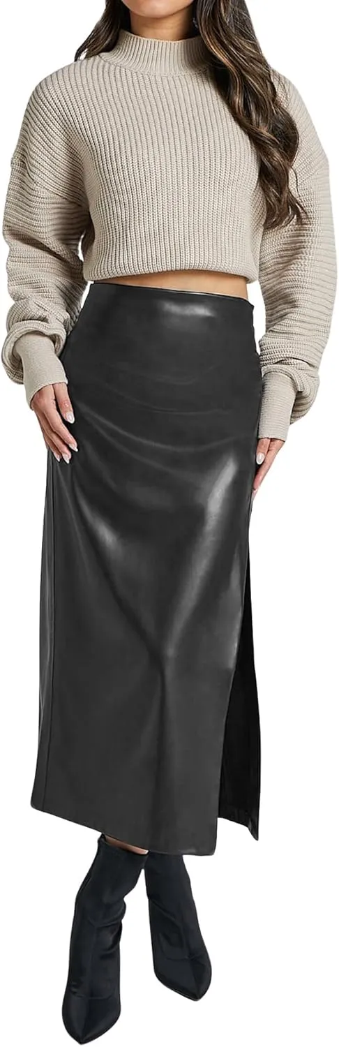Ezcosplay Women High Waisted Faux Leather Side Slit Skirt PU Leather Bodycon Split Thigh Long Skirt