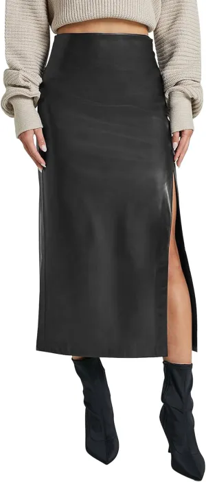 Ezcosplay Women High Waisted Faux Leather Side Slit Skirt PU Leather Bodycon Split Thigh Long Skirt