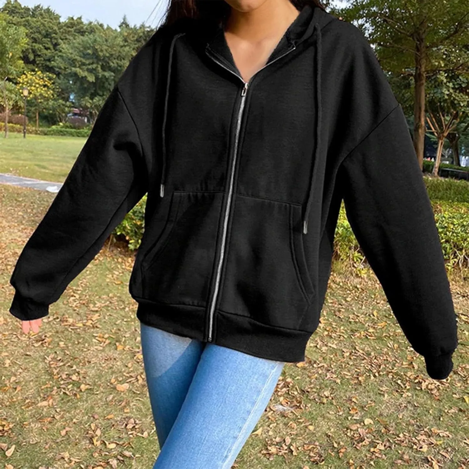 Fenleo Womens Zip Up Hoodies Long Sleeve Oversized Sweatshirts Fall Outfits Pockets Patchwork Hoodie for Women