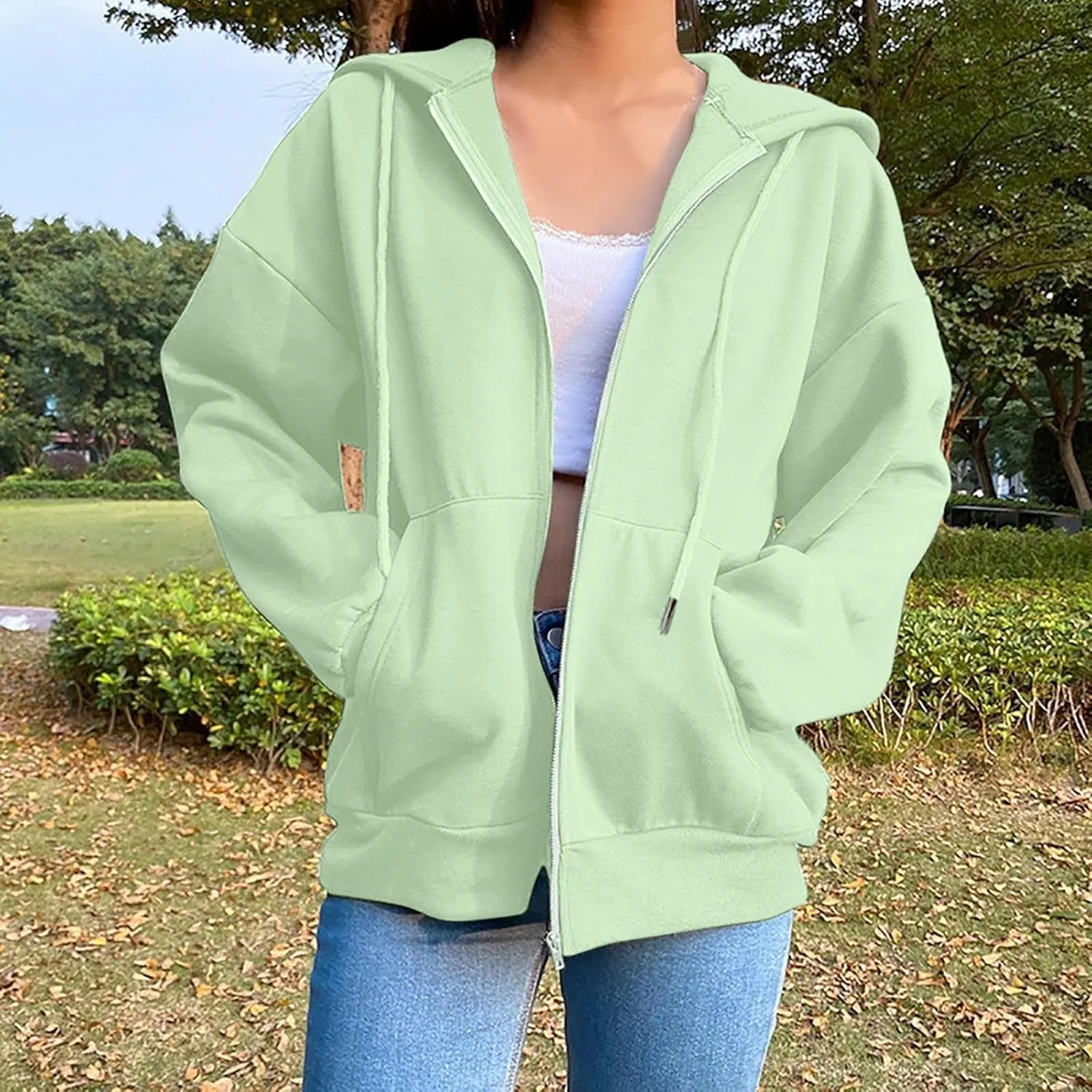 Fenleo Womens Zip Up Hoodies Long Sleeve Oversized Sweatshirts Fall Outfits Pockets Patchwork Hoodie for Women