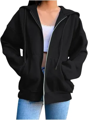 Fenleo Womens Zip Up Hoodies Long Sleeve Oversized Sweatshirts Fall Outfits Pockets Patchwork Hoodie for Women