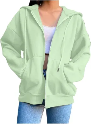 Fenleo Womens Zip Up Hoodies Long Sleeve Oversized Sweatshirts Fall Outfits Pockets Patchwork Hoodie for Women