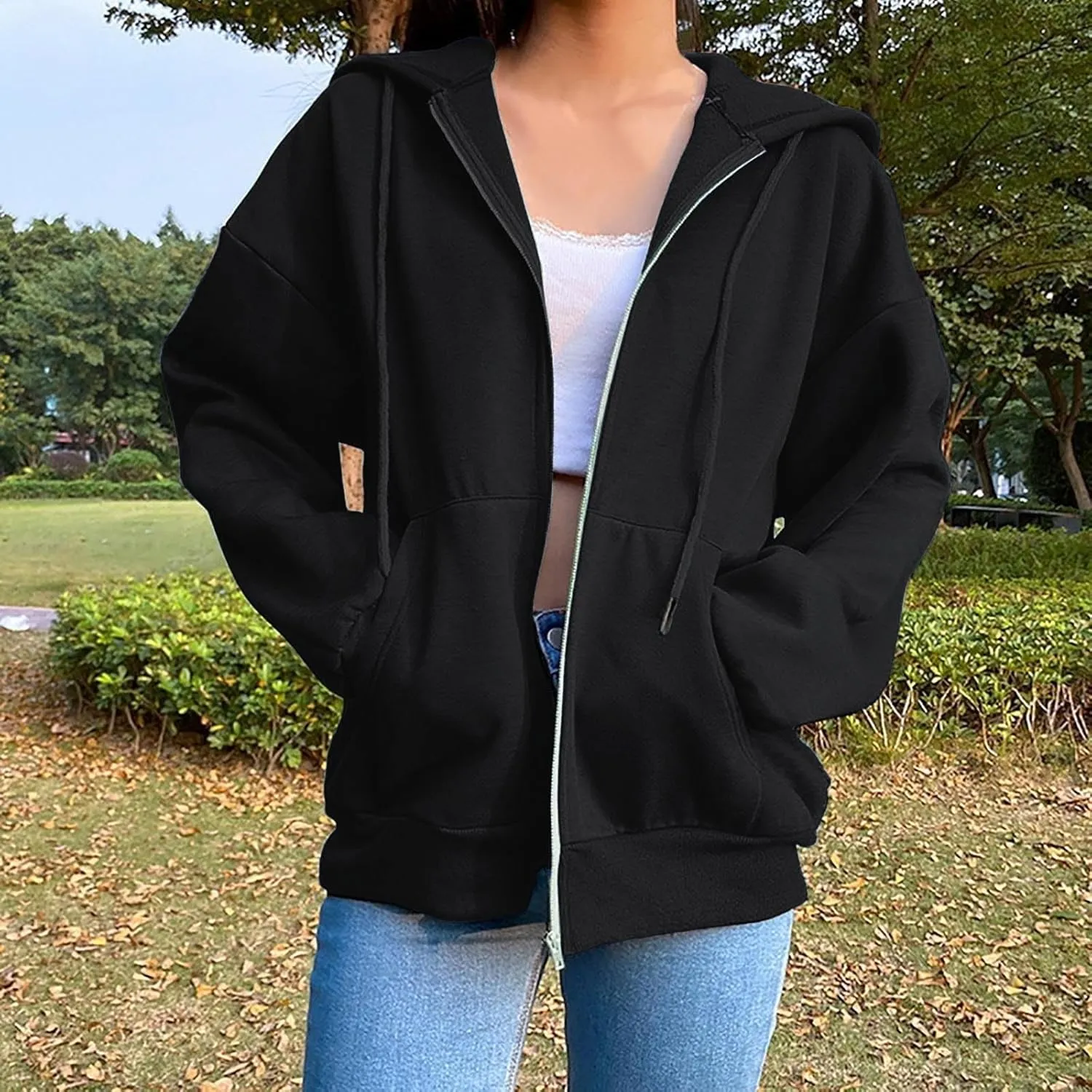 Fenleo Womens Zip Up Hoodies Long Sleeve Oversized Sweatshirts Fall Outfits Pockets Patchwork Hoodie for Women