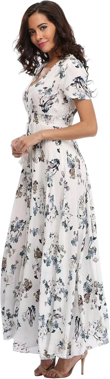 Ferrendo Women's Floral Maxi Dress Button Up Split Flowy Bohemian Party Beach Dresses