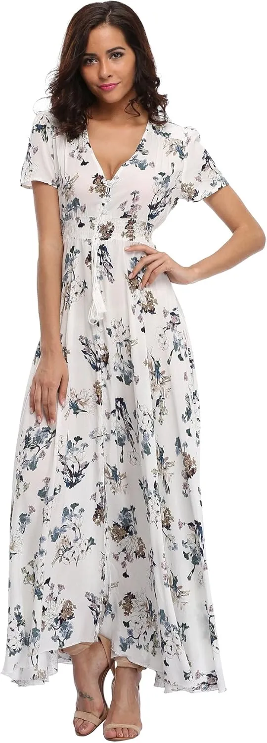 Ferrendo Women's Floral Maxi Dress Button Up Split Flowy Bohemian Party Beach Dresses