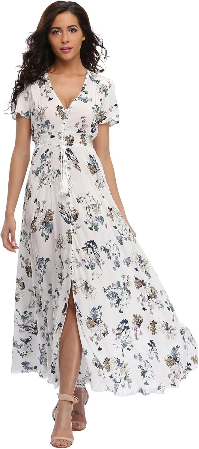 Ferrendo Women's Floral Maxi Dress Button Up Split Flowy Bohemian Party Beach Dresses