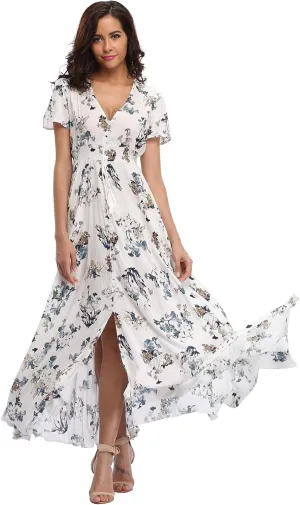 Ferrendo Women's Floral Maxi Dress Button Up Split Flowy Bohemian Party Beach Dresses