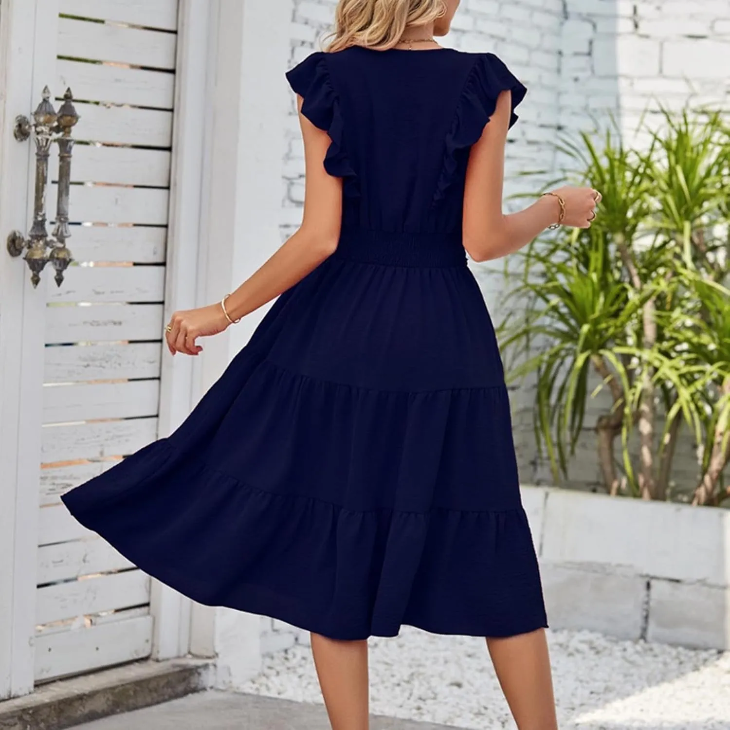 Firzero Womens Summer Dresses Casual Ruffle Cap Short Sleeve Elastic Waist Long Dress V Neck Wedding Guest A Line Maxi Dress